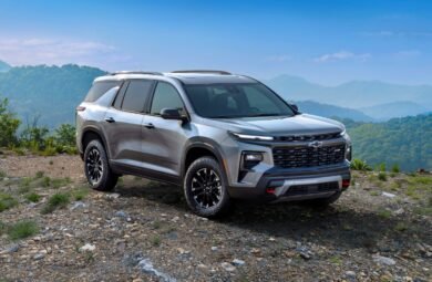 Passenger’s side front 3/4 view of 2024 Chevrolet Traverse Z71 in Sterling Gray Metallic parked on a gravel road. Preproduction model shown. Actual production model may vary. Available starting early 2024.