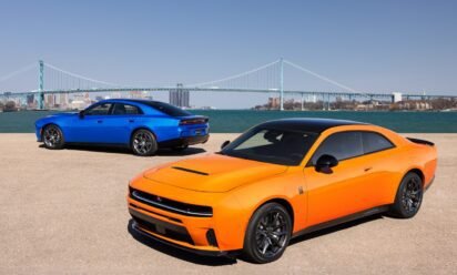 SIXPACK-powered two-door 2026 Dodge Charger Scat Pack Plus (front) and SIXPACK-powered four-door 2026 Dodge Charger R/T Plus (rear).